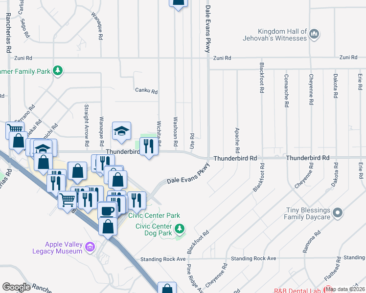 map of restaurants, bars, coffee shops, grocery stores, and more near 20788 Thunderbird Road in Apple Valley