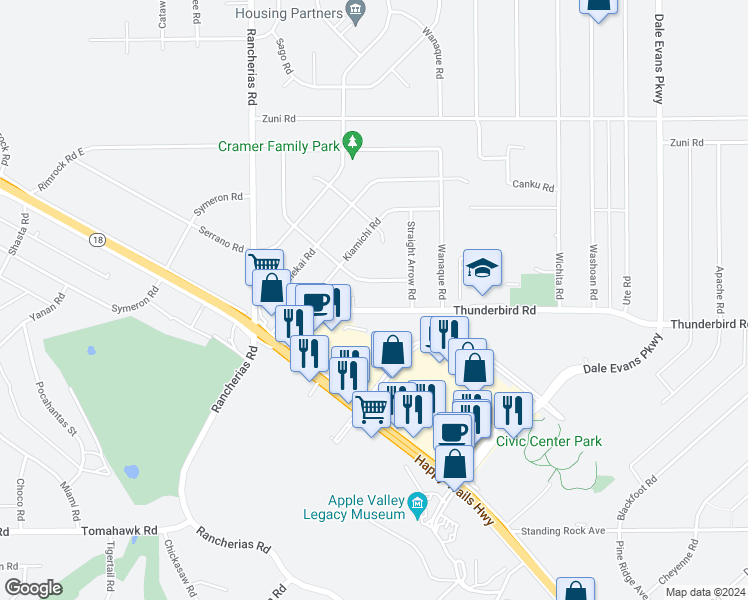 map of restaurants, bars, coffee shops, grocery stores, and more near 20330 Thunderbird Road in Apple Valley