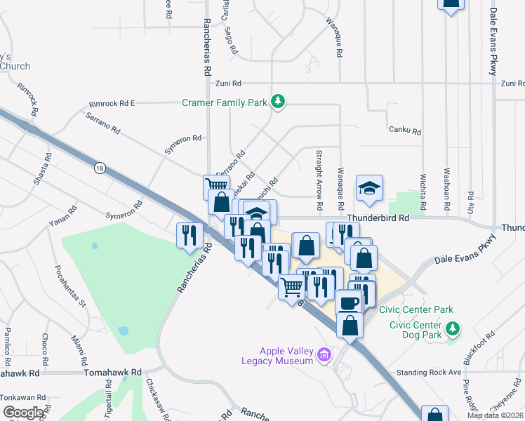 map of restaurants, bars, coffee shops, grocery stores, and more near 20240 Thunderbird Road in Apple Valley