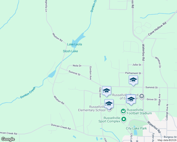map of restaurants, bars, coffee shops, grocery stores, and more near 57 Gordon Avenue in Russellville