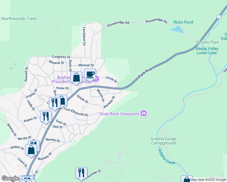 map of restaurants, bars, coffee shops, grocery stores, and more near 1100 Park Avenue in Hot Springs