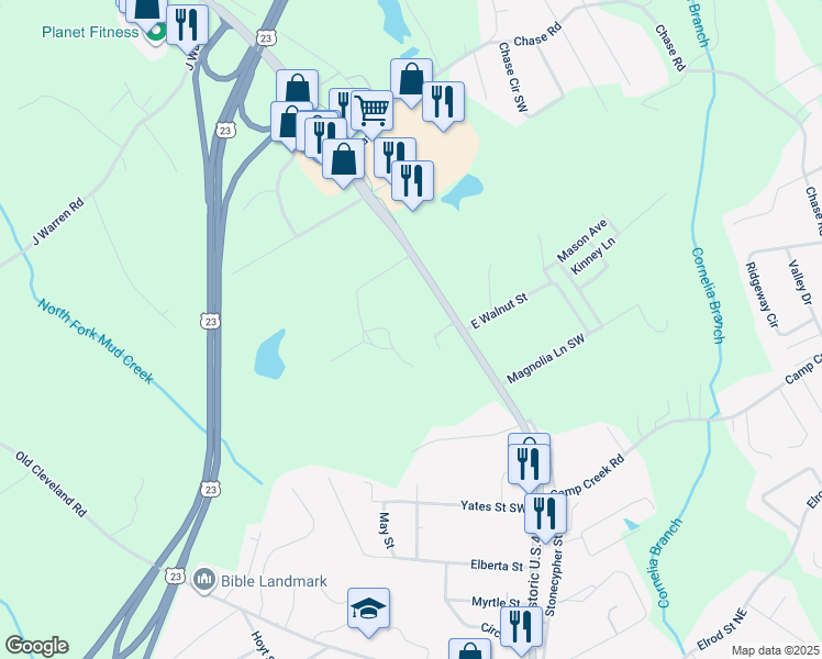 map of restaurants, bars, coffee shops, grocery stores, and more near 655 Ethicon Cir in Cornelia