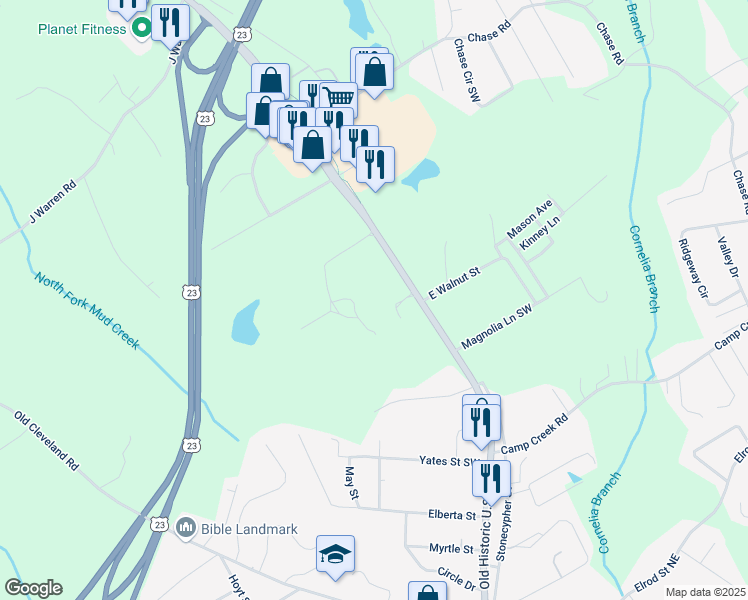 map of restaurants, bars, coffee shops, grocery stores, and more near 655 Ethicon Cir in Cornelia