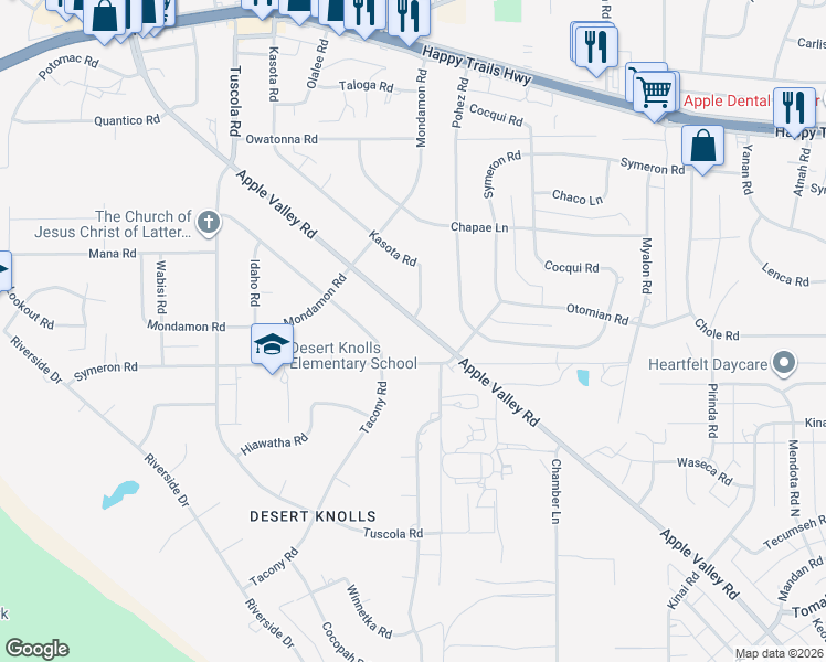 map of restaurants, bars, coffee shops, grocery stores, and more near 15344 Apple Valley Road in Apple Valley