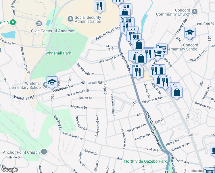 map of restaurants, bars, coffee shops, grocery stores, and more near 324 West Fredericks Street in Anderson
