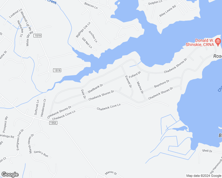map of restaurants, bars, coffee shops, grocery stores, and more near 1620 Chadwick Shores Drive in Sneads Ferry
