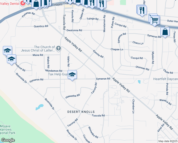 map of restaurants, bars, coffee shops, grocery stores, and more near 15370 Tacony Road in Apple Valley