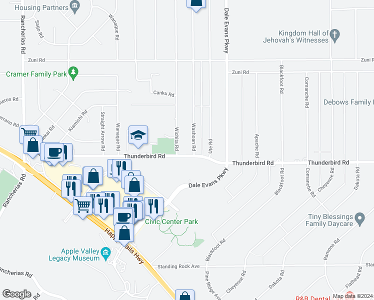 map of restaurants, bars, coffee shops, grocery stores, and more near 20744 Thunderbird Road in Apple Valley