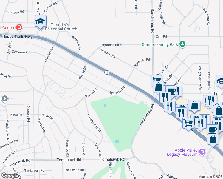 map of restaurants, bars, coffee shops, grocery stores, and more near 19818 Symeron Road in Apple Valley