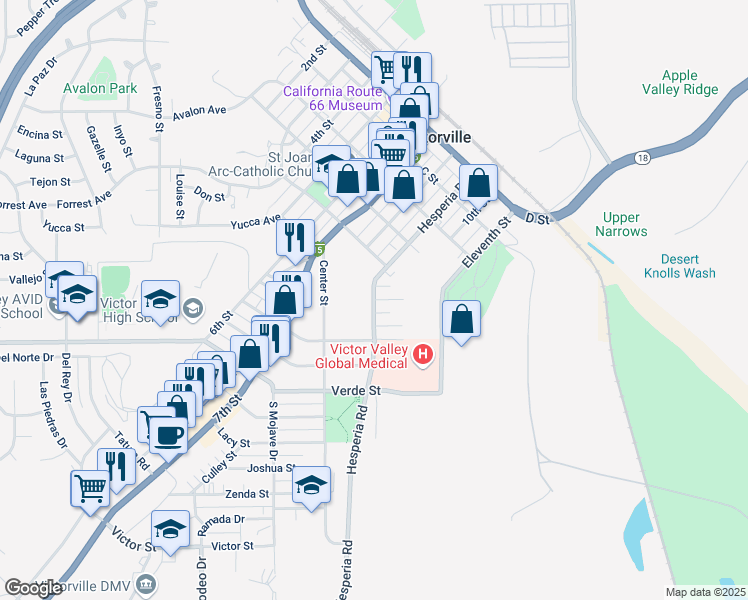 map of restaurants, bars, coffee shops, grocery stores, and more near Hesperia Road & Rio Vista Street in Victorville