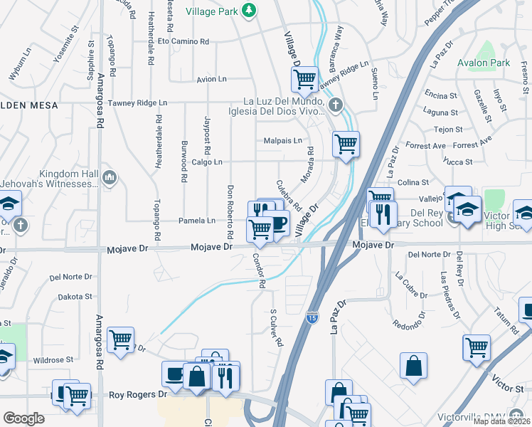 map of restaurants, bars, coffee shops, grocery stores, and more near 15380 Morada Road in Victorville