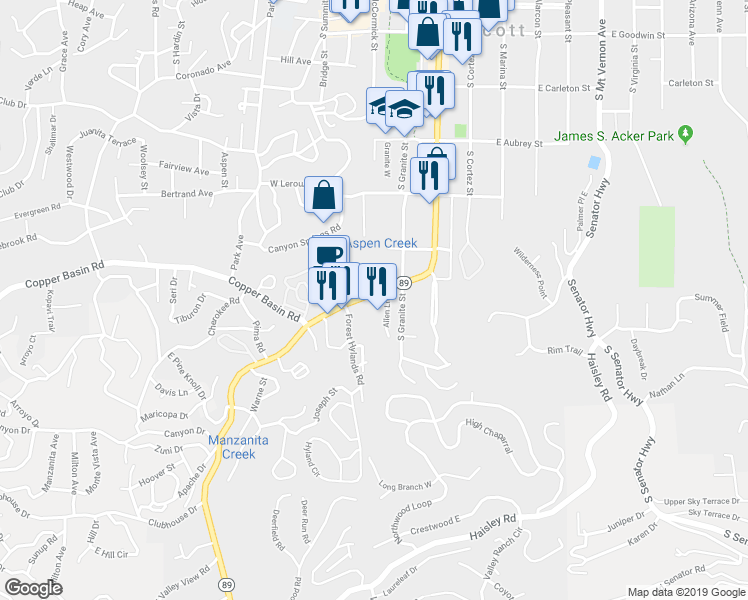 map of restaurants, bars, coffee shops, grocery stores, and more near 333 White Spar Road in Prescott