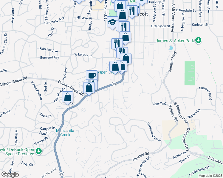 map of restaurants, bars, coffee shops, grocery stores, and more near 733 South Granite Street in Prescott