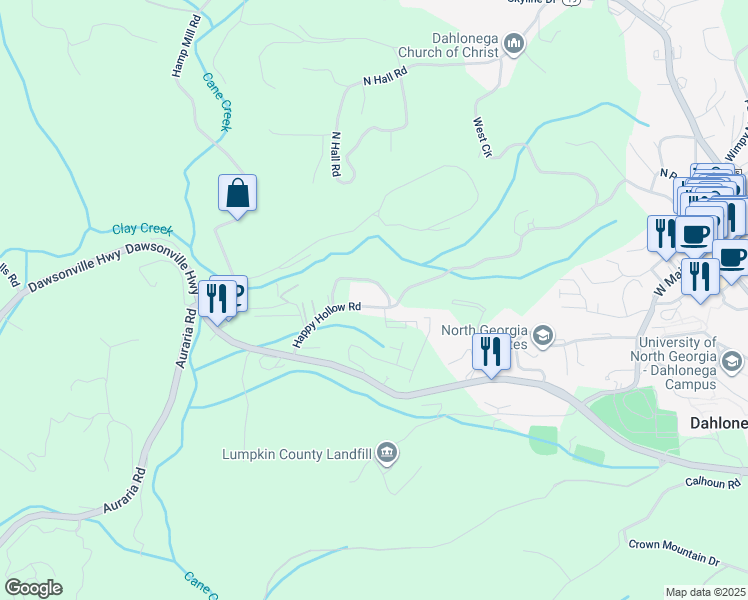 map of restaurants, bars, coffee shops, grocery stores, and more near 701-799 Happy Hollow Road in Dahlonega
