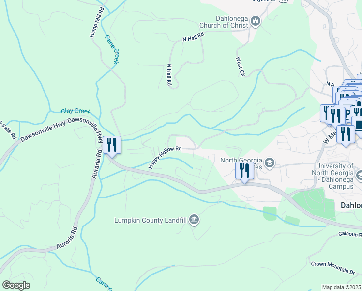 map of restaurants, bars, coffee shops, grocery stores, and more near 701-799 Happy Hollow Road in Dahlonega