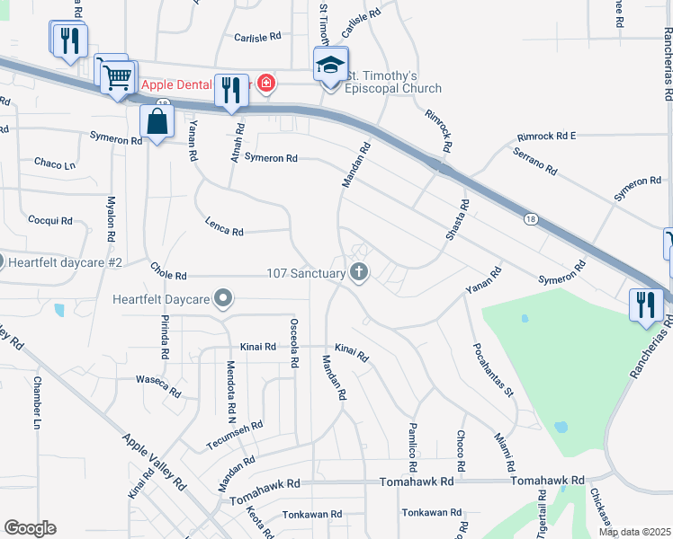 map of restaurants, bars, coffee shops, grocery stores, and more near 15360 Mandan Road in Apple Valley