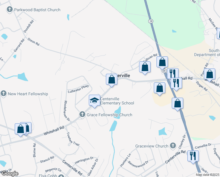 map of restaurants, bars, coffee shops, grocery stores, and more near 1529 Whitehall Road in Anderson