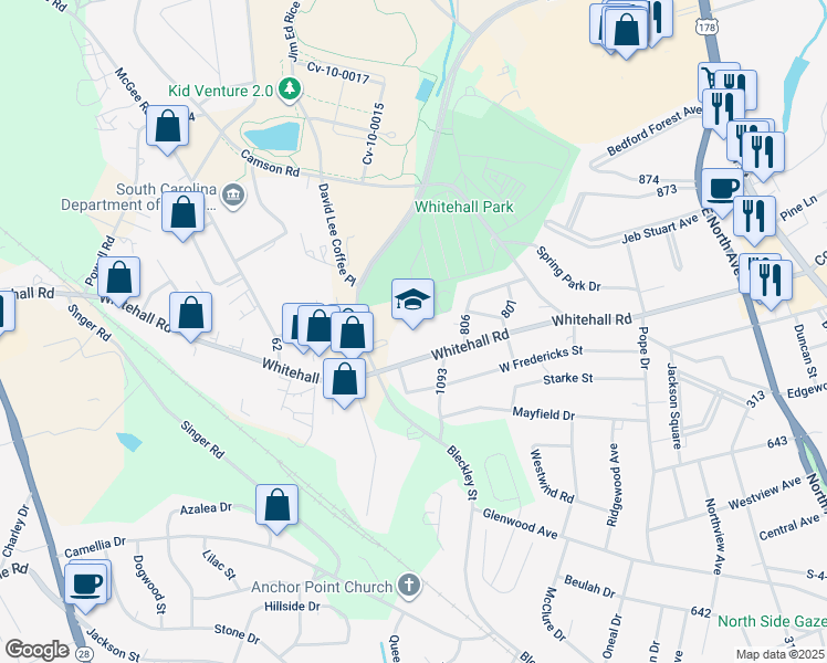 map of restaurants, bars, coffee shops, grocery stores, and more near 702 Whitehall Road in Anderson