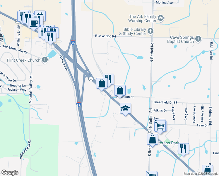 map of restaurants, bars, coffee shops, grocery stores, and more near 1305 Alabama 67 in Decatur