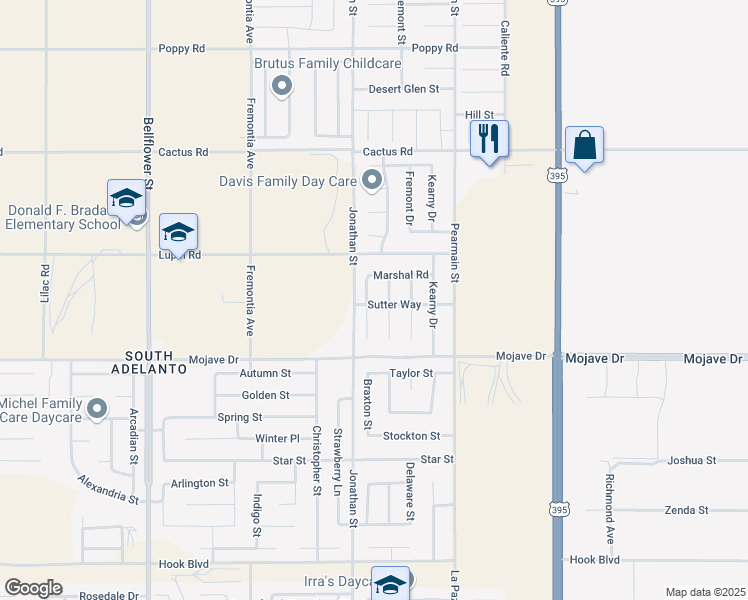 map of restaurants, bars, coffee shops, grocery stores, and more near 15403 Ross Drive in Adelanto
