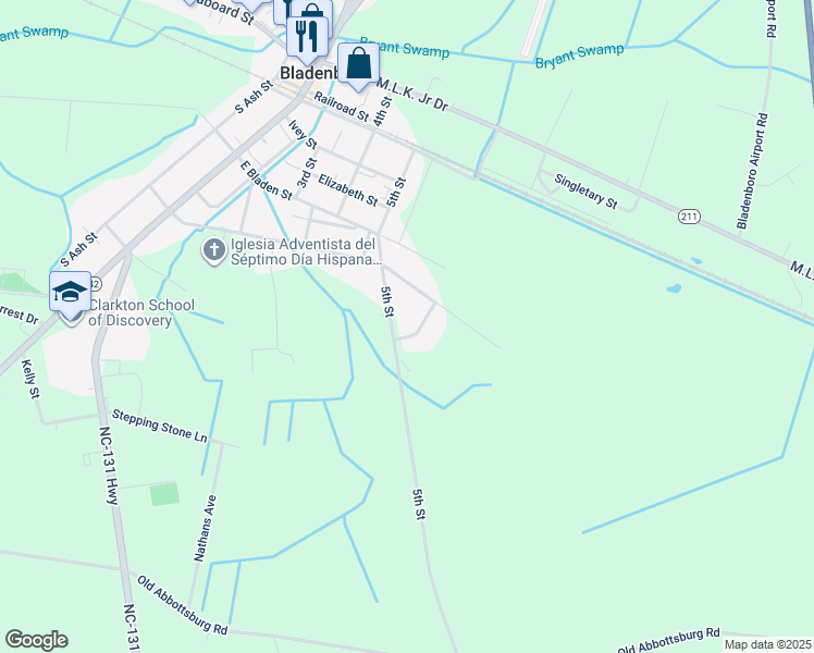 map of restaurants, bars, coffee shops, grocery stores, and more near 105 Sandidge Drive in Bladenboro