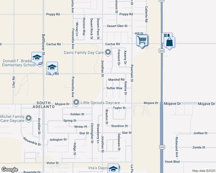 map of restaurants, bars, coffee shops, grocery stores, and more near 15403 Ross Drive in Adelanto