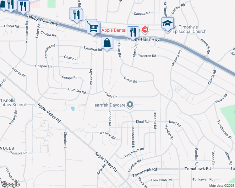 map of restaurants, bars, coffee shops, grocery stores, and more near 19032 Chole Road in Apple Valley