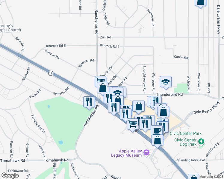 map of restaurants, bars, coffee shops, grocery stores, and more near 20200 Thunderbird Road in Apple Valley