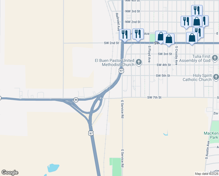 map of restaurants, bars, coffee shops, grocery stores, and more near 400 Texas 86 in Tulia
