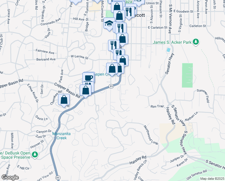 map of restaurants, bars, coffee shops, grocery stores, and more near 733 South Granite Street in Prescott