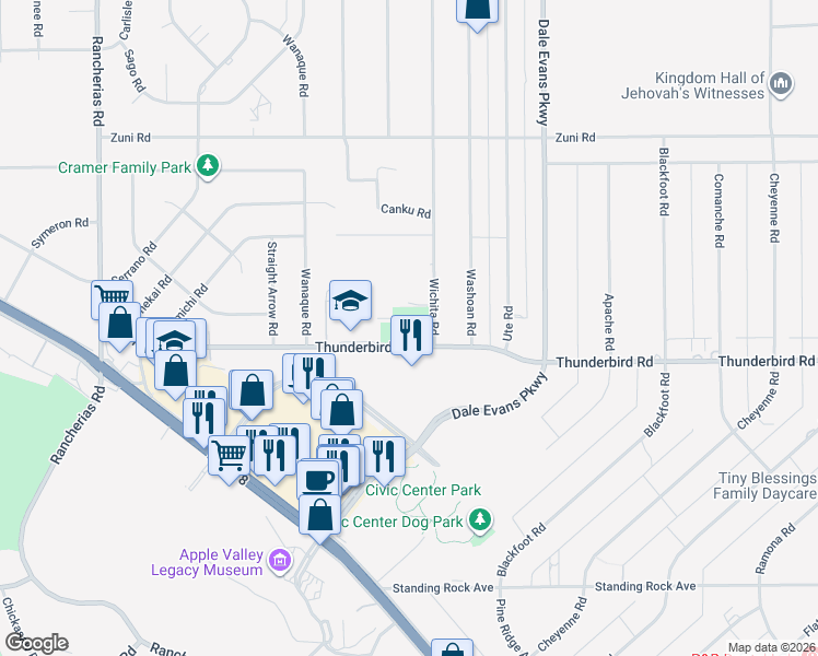 map of restaurants, bars, coffee shops, grocery stores, and more near 20700 Wichita Road in Apple Valley