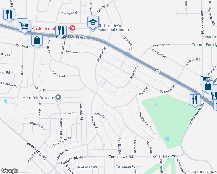 map of restaurants, bars, coffee shops, grocery stores, and more near 19459 Shasta Road in Apple Valley
