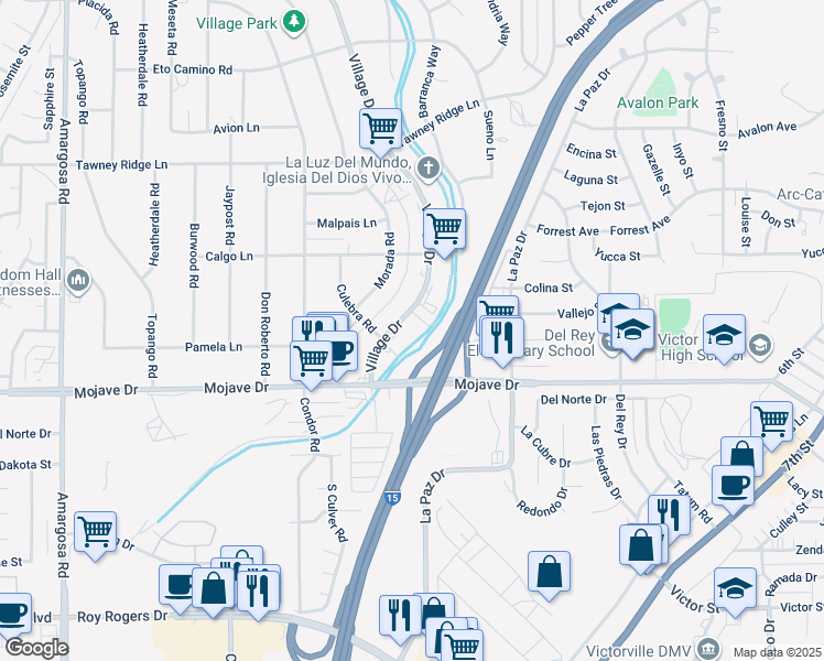 map of restaurants, bars, coffee shops, grocery stores, and more near 15411 Village Drive in Victorville