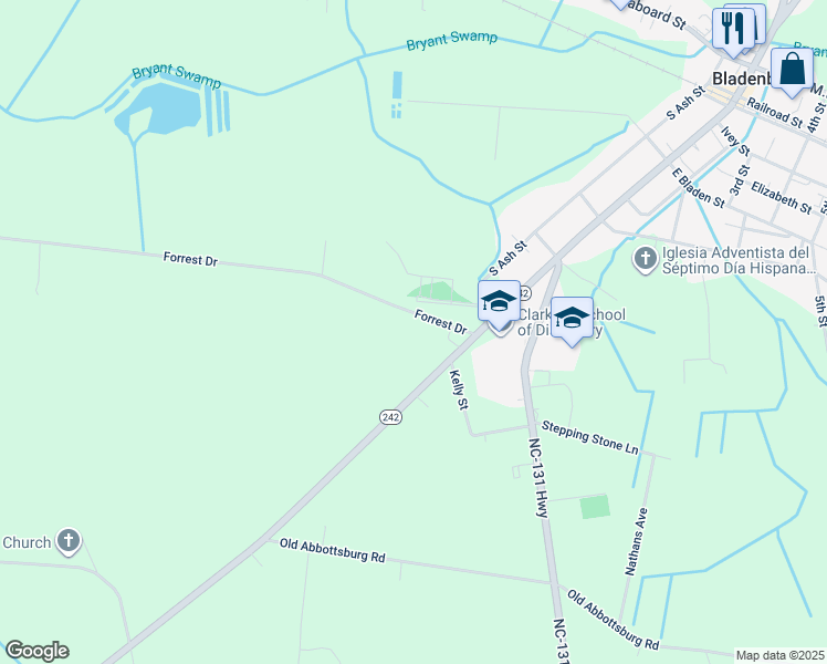 map of restaurants, bars, coffee shops, grocery stores, and more near 208 Forrest Drive in Bladenboro