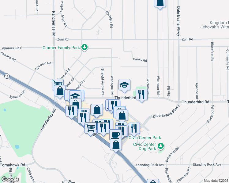 map of restaurants, bars, coffee shops, grocery stores, and more near 20475 Thunderbird Road in Apple Valley