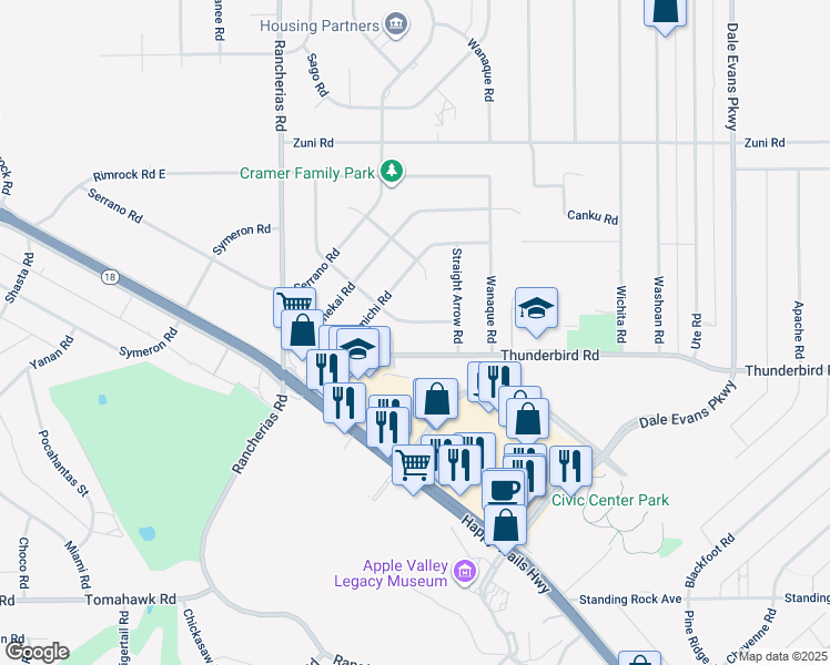 map of restaurants, bars, coffee shops, grocery stores, and more near 20330 Thunderbird Road in Apple Valley