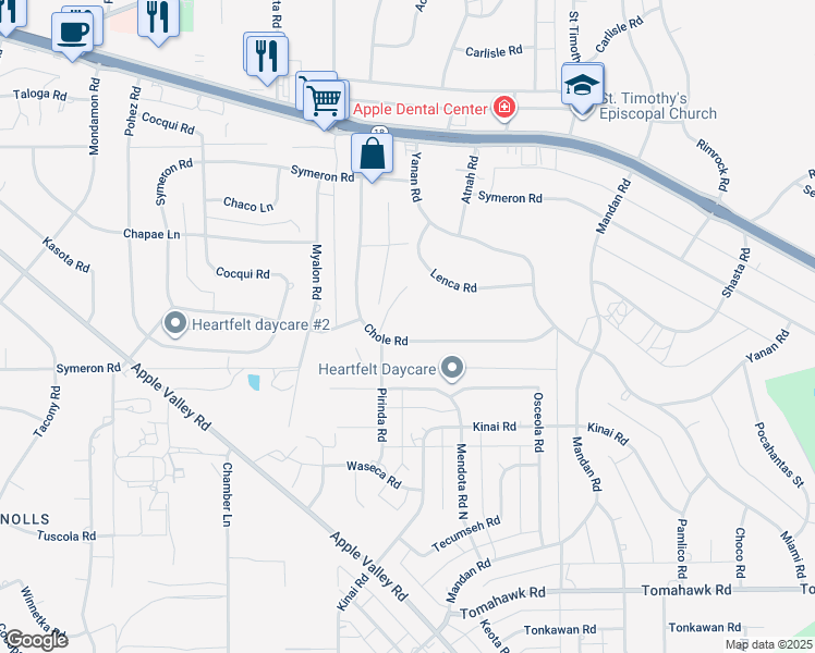 map of restaurants, bars, coffee shops, grocery stores, and more near 19032 Chole Road in Apple Valley