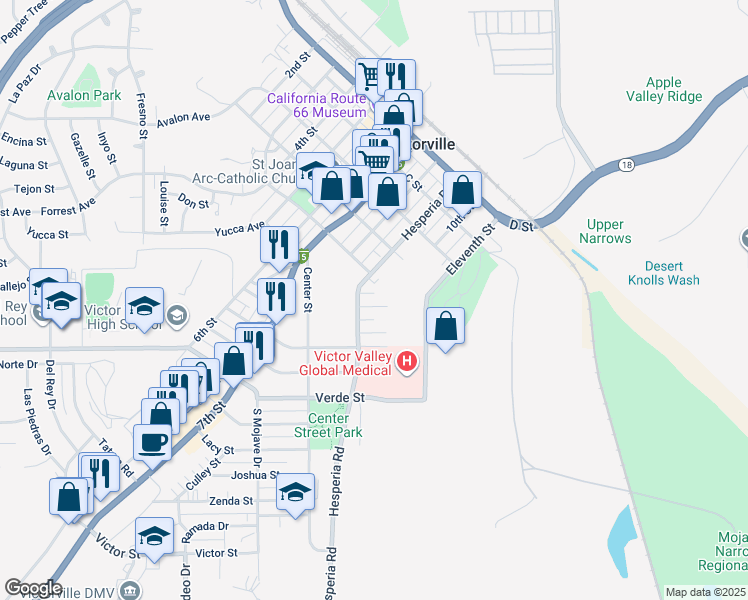 map of restaurants, bars, coffee shops, grocery stores, and more near 16938 Rio Vista Street in Victorville