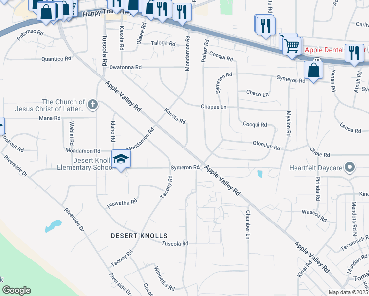 map of restaurants, bars, coffee shops, grocery stores, and more near Apple Valley Road in Apple Valley