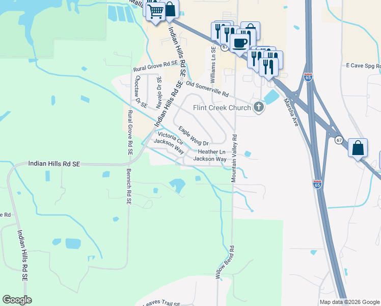 map of restaurants, bars, coffee shops, grocery stores, and more near 103 Eagle Wing Drive in Decatur