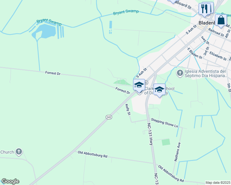 map of restaurants, bars, coffee shops, grocery stores, and more near 208 Forrest Drive in Bladenboro