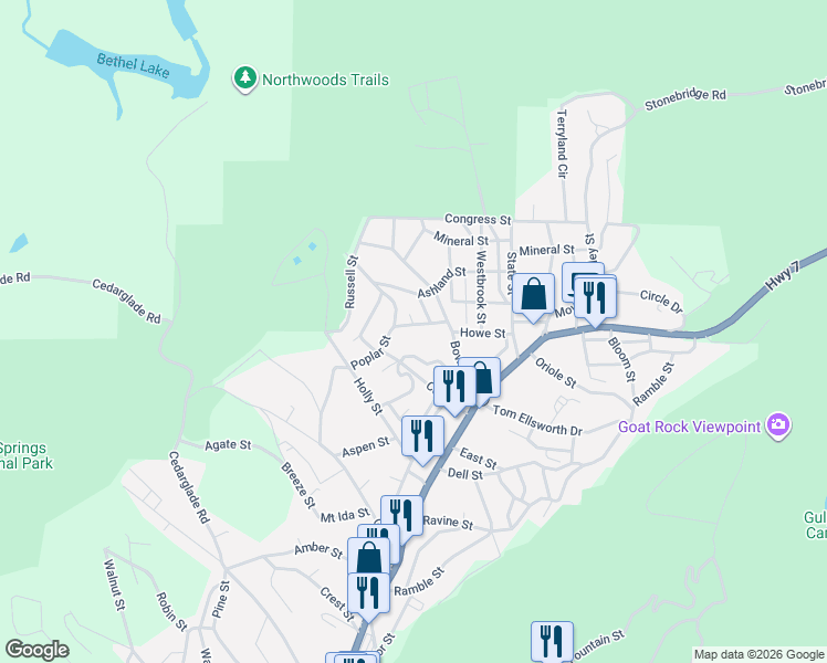 map of restaurants, bars, coffee shops, grocery stores, and more near 106 Elizabeth Terrace in Hot Springs