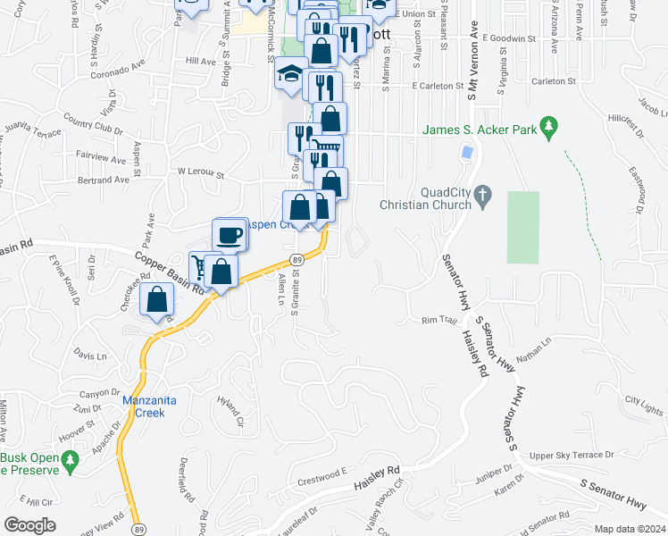 map of restaurants, bars, coffee shops, grocery stores, and more near 711 South Montezuma Street in Prescott
