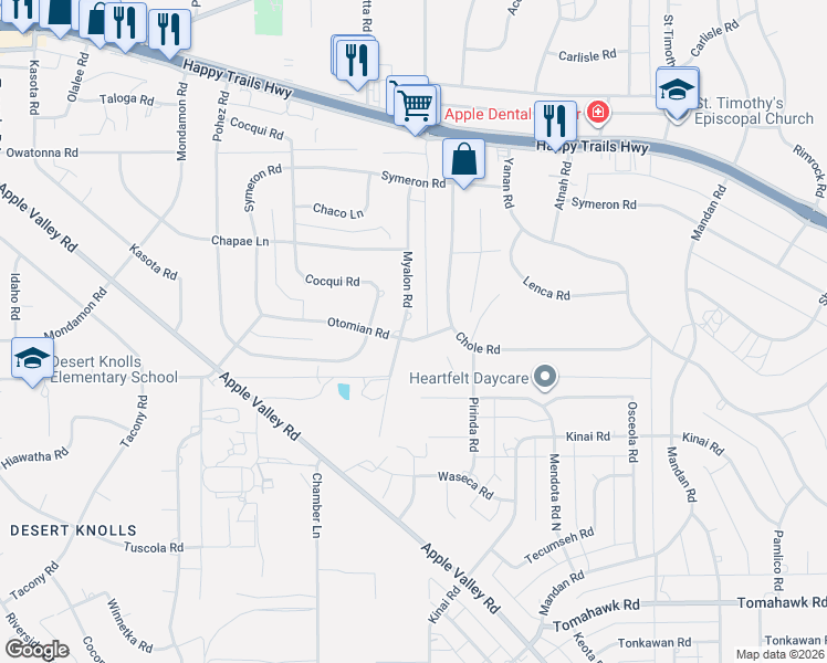 map of restaurants, bars, coffee shops, grocery stores, and more near 15425 Myalon Road in Apple Valley
