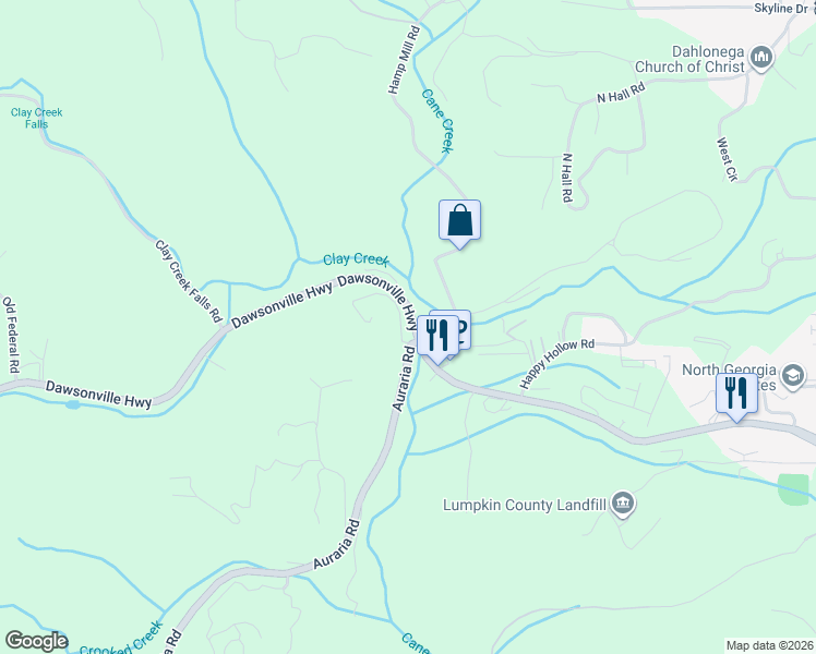 map of restaurants, bars, coffee shops, grocery stores, and more near 0 Auraria Road in Dahlonega