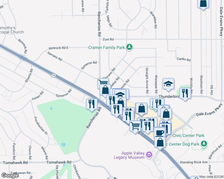 map of restaurants, bars, coffee shops, grocery stores, and more near 15379 Tonekai Road in Apple Valley