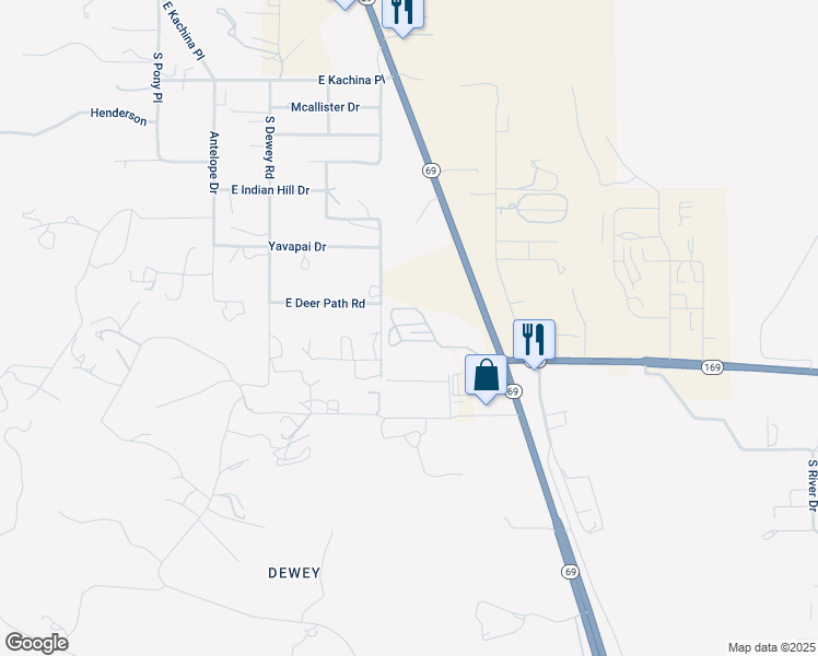 map of restaurants, bars, coffee shops, grocery stores, and more near 12475 East Deer Path Road in Dewey-Humboldt