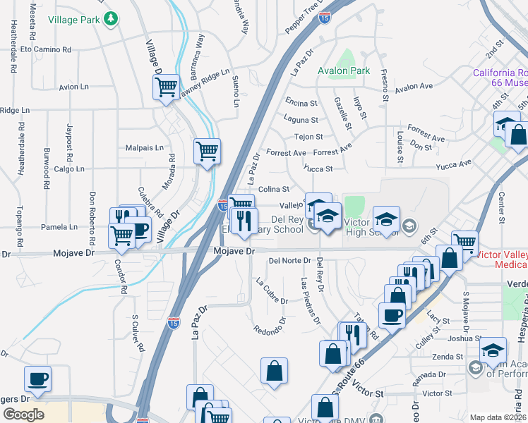 map of restaurants, bars, coffee shops, grocery stores, and more near 16142 Vallejo Street in Victorville