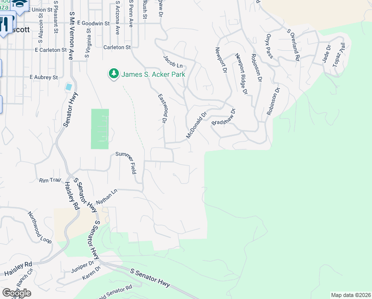 map of restaurants, bars, coffee shops, grocery stores, and more near 1102 McDonald Drive in Prescott