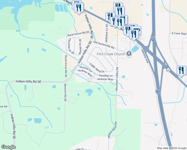 map of restaurants, bars, coffee shops, grocery stores, and more near 103 Eagle Wing Drive in Decatur
